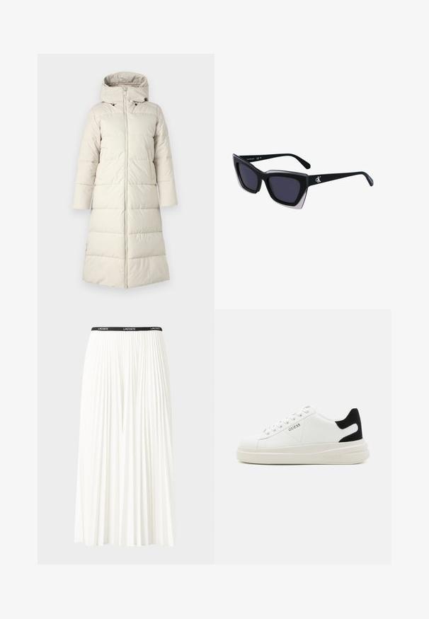 Ανοιχτό μπεζ μπουφάν με κουκούλα, με μπροστινό φερμουάρ, μακριά μανίκια και σχέδιο που φτάνει μέχρι το γονάτο. Λείος υφή με ραμμένες πάνελ.; Μπλούζα φανέλα από βαμβάκι με οριζόντιες ναυτικές ρίγες σε λευκό φόντο. "Tommy Hilfiger" κεντημένο με καλλιγραφικά γράμματα στο στήθος. Στρογγυλή λαιμόκοψη.; Κοντή πλισέ λευκή φούστα με μαύρη ελαστική ζώνη που φέρει το λογότυπο "LACOSTE". Σχεδίαση μεσαίου μήκους με μαλακή υφή.; Λευκά δερμάτινα αθλητικά παπούτσια με χοντρή λευκή σόλα, μαύρη σουέτ λεπτομέρεια στην φτέρνα και ανάγλυφο λογότυπο στο πλάι. Σχέδιο με κορδόνια και έξι θηλιές.; Μαύρα υπερμεγέθη γυαλιά ηλίου με γεωμετρικό σχήμα, διαθέτοντας σκούρους φακούς και αντίθεση γκρίζα λεπτομέρεια στη σκελετό. Λογότυπο στον βραχίονα.