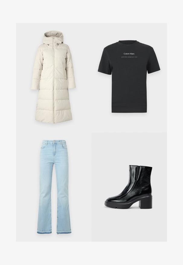 Lys beige pufferjakke med hætte, der har en frontlynlås, lange ærmer og en knælang design. Glat tekstur med syede paneler.; Sort bomulds T-shirt med rund halsudskæring, korte ærmer og hvidt trykt "Calvin Klein" logo samt teksten "Established 1968".; Lyseblå flagrende jeans lavet af denim, med høj talje, forlommer og rå kant ved sømmene for et afslappet look.; Sorte patenterede læderankelstøvler med en buet tå, elastiske sidepaneler og en kraftig blokhæl. Har et præget logo på bagsiden.