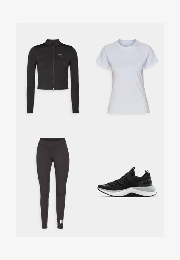 Puma PAMELA REIF JACKET - Tréning dzseki - black; Világosszürke, rövid ujjú póló, puha anyagból, kerek nyakkivágással. A mellkason egy kis fehér logó és raglán ujjak találhatók.; Fekete leggings rugalmas anyagból, magas derékkal és fehér logóval, amely a bal alsó lábszáron található. Sima textúrájú.; Fekete sportcipő textúrázott felső résszel, rugalmas pántokkal és vastag fehér középtalppal. Szürke akcentussal rendelkezik a talp mentén.