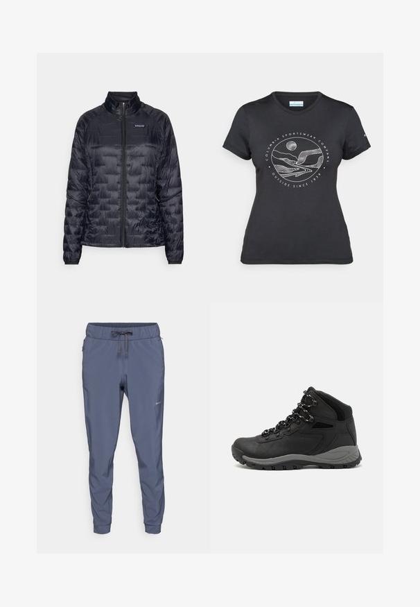 Mustapuffatakki, jossa on vetoketjukiinnitys, laatikkomaista ompelua, korkea kaulus ja joustavat hihansuut. Kevyt, kiiltävä materiaali, brändin logo rinnassa.; Musta Columbia T-paita, jossa on valkoinen ympyrämuotoinen vuori- ja joki-viivataide sekä teksti "Columbia Sportswear Company Ulkona vuodesta 1938."; Patagonia TERREBONNE JOGGERS - Ulkohousut - smolder blue; Musta vaelluskenkä, jossa on puolivartinen muotoilu, jolle on ominaista teksturoitu päällinen, harmaat yksityiskohdat ja kestävä kumipohja, jossa on pitoita lisääviä lukuja.
