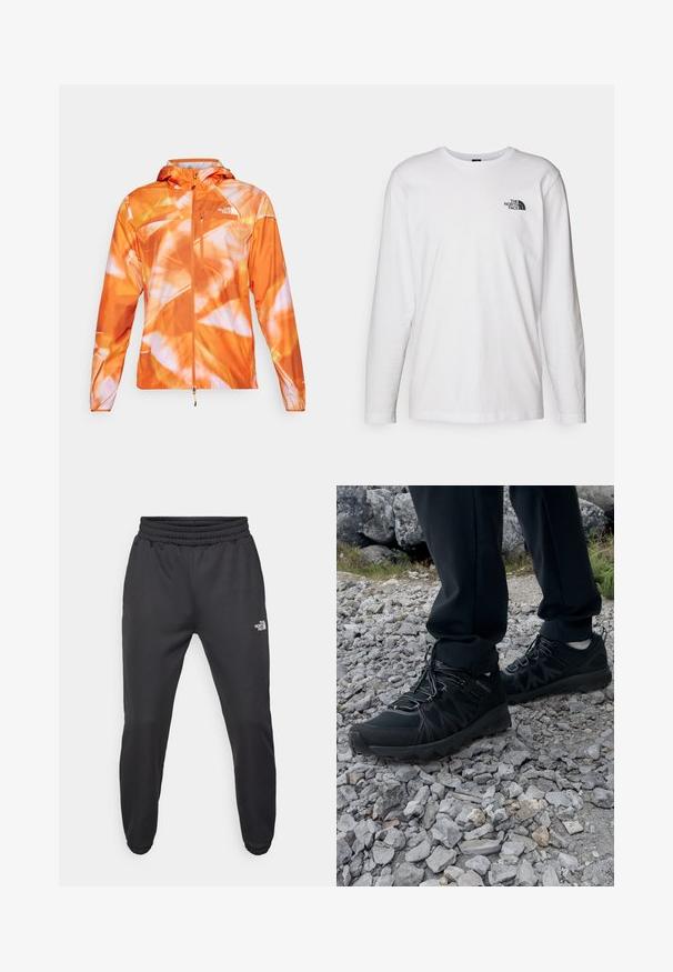 Chaqueta impermeable naranja con un vibrante patrón abstracto. Cuenta con un frente con cremallera, capucha ajustable y logotipo en la parte superior izquierda del pecho.; Camiseta de manga larga blanca de algodón con cuello redondo. Presenta un pequeño logotipo negro en el pecho. Textura suave, corte regular.; Pantalones deportivos negros con cintura ajustable mediante cordón, corte tapered, puños elásticos y un pequeño logo blanco en el muslo izquierdo, fabricados en tejido suave.; Zapatos exteriores negros con malla y material sintético, que presentan un upper texturizado, un sistema de cordones seguro y una suela robusta, sobre terreno rocoso.