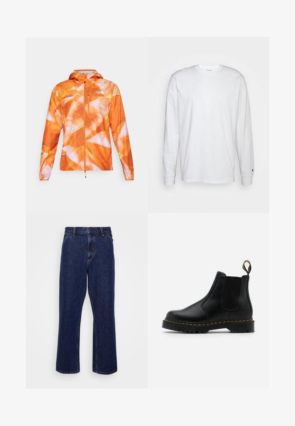 Jachetă impermeabilă portocalie cu un model abstract vibrant. Prezintă un fermoar frontal, glugă ajustabilă și un logo pe partea stângă sus a pieptului.; Tricou alb cu mâneci lungi, din bumbac. Design cu guler rotund, cu manșete ribbate și un logo mic pe mâneca stângă. Textură netedă.; Jeans din denim de culoare albastră închisă, cu design drept, prevăzuți cu închidere prin buton, stil cu cinci buzunare și detalii de cusătură fine.; Botine Chelsea din piele neagră cu panouri laterale elastice, accente de cusături galbene și tălpi din cauciuc texturat. Au un tab de prindere la călcâi.