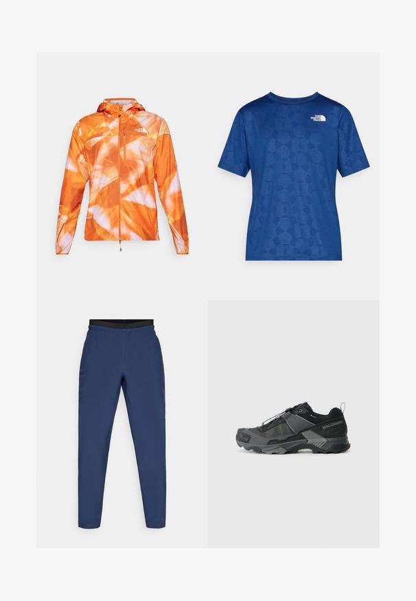 Narancssárga vízálló dzseki élénk absztrakt mintával. Elől cipzáros, állítható kapucnival, és logóval a bal felső mellrészen.; Kék, rövid ujjú ing, textúrált geometrikus mintával és fehér logóval a bal felső részen. Könnyű, lélegző anyagból készült.; Tengeri kék atlétikai nadrág, könnyű anyagból készült. Elasztikus fekete derékrésszel és fokozatosan szűkülő lábformával rendelkezik, minimális varrási részletekkel.; Fekete terepfutó cipő tartós hálós felsőrésszel, megerősített orr résszel, texturált gumitalppal és rugalmas fűzőrendszerrel a biztonságos illeszkedés érdekében.