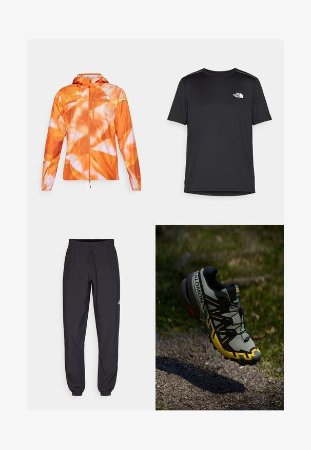 Jachetă impermeabilă portocalie cu un model abstract vibrant. Prezintă un fermoar frontal, glugă ajustabilă și un logo pe partea stângă sus a pieptului.; Tricou negru cu mânecă scurtă, realizat dintr-un material ușor. Prezintă un mic logo alb pe pieptul stâng și accente subtile pe umeri.; Pantaloni atletici negri, confecționați dintr-un material ușor, cu un tiv elastic la talie, buzunare laterale și tivuri ajustate la gleznă.; Pantofi de alergare pe traseu Salomon, în gri discret cu accente galbene strălucitoare. Prezintă o talpă texturată, un sistem de șireturi sigur și un guler cu amortizare.