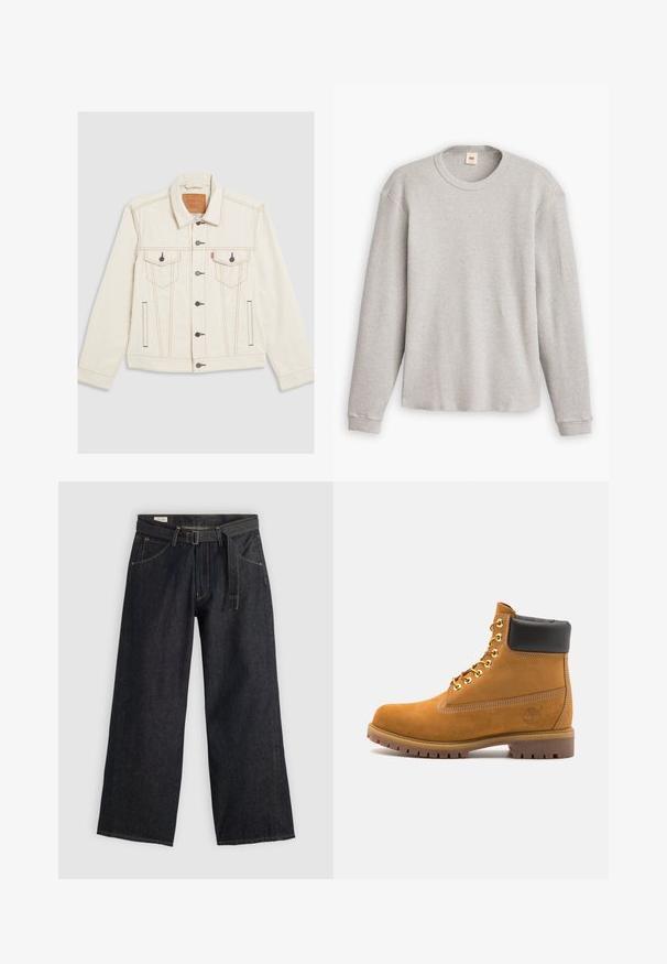 Κρέμ τζάκετ από τζιν με κουμπιά μπροστά, δύο τσέπες στο στήθος και αντίθετες καφέ ραφές. Κανονική εφαρμογή με μακριά μανίκια.; Γκρι μακρυμάνικος πλεκτός σκελετός με ριγωτή υφή, στρογγυλή λαιμόκοψη και ευθεία τελείωμα. Οι μανσέτες είναι εφαρμοστές και φτιαγμένες από μαλακό ύφασμα.; Σκούρο τζην παντελόνι με φαρδιά πόδια και ζώνη στη μέση, διαθέτει μπροστινές τσέπες και αντίθετη ραφή. Απαλή υφή με καθαρό σχεδιασμό.; Μπεζ σουέτ ankle boots με μαύρη μαλακή επένδυση στον κολάρο, χρυσά μεταλλικά μάτια, λευκή ραφή και ανθεκτική καουτσούκ σόλα με έντονες γκριζαρισμένες υφές.