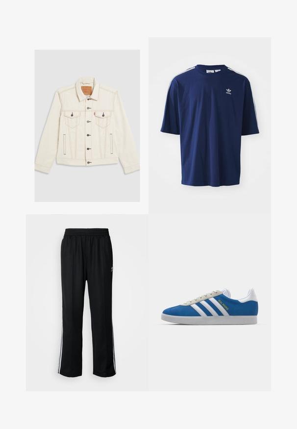Denim jakna boje krema s dugmadi sprijeda, dva džepa na prsima i kontrastnim smešnim šavovima. Opušteni kroj s dugim rukavima.; Tamno plava pamučna majica kratkih rukava, okrugli izrez, s tri bijele pruge na ramenima i malim bijelim logom na prsima.; Crne sportske hlače s elastičnom trakom oko struka, s bijelim bočnim prugama i malim logotipom. Materijal izgleda mekan i lagan.; adidas Originals ADIDAS GAZELLE SHOES - Dvoranske nogometne kopačke - real madrid/bluebird/footwear white/crew yellow
