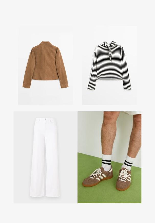 Braune Wildlederjacke mit langen Ärmeln und einem kurzen Kragen, von hinten auf einem weißen Hintergrund gezeigt.; Massimo Dutti STRIPED WITH REMOVABLE BANDANA - Strickpullover - beige; Weißes, weit geschnittenes Jeansmodell aus Denim, mit hoher Taille, vorderem Knopfverschluss und vier Taschen. Glatte Textur ohne sichtbare Muster.; Braune Wildleder-Sneaker mit weißen Akzenten und Schnürsenkeln. Gummisohle in Kautschuk-Optik. Getragen mit weißen Socken, die schwarze Streifen haben. Grüner strukturierter Fußboden.