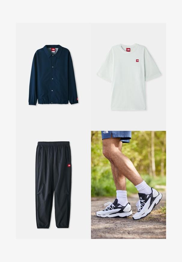 Tamsiai mėlynas lengvas švarkas su apykakle, užsegamas snap mygtukais, su elastingomis rankovėmis ir mažu logotipo lopu ant kairiosios rankovės.; Šviesiai žalia trumpomis rankovėmis marškinėliai, pagaminti iš minkštos medvilnės, su maža raudona logotipo etikete kairėje krūtinės pusėje. Laisvas kirpimas ir apvalus iškirpimas.; Juodi lengvi kelnes pagamintos iš sintetinio audinio, su elastingu juosmeniu, užtrauktukais šoninėmis kišenėmis ir mažą raudoną logotipo etikete.; Juodos ir baltos sportinės bateliai su tinkline viršutine dalimi, tekstūriniais akcentais ir baltomis raištelėmis. Dėvimi su baltomis kulkšnies kojinėmis ir tamsiai mėlynomis šortais takelyje.