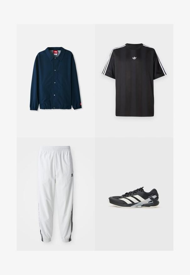 Marinblå lätt jacka med krage, tryckknappsstängning, elastiska ärmslut och en liten logotypapplikation på vänster ärm.; Svart t-shirt med kort ärm och vita tre-randiga detaljer på axlarna samt en liten vit logotyp på bröstet. Slät tygtextur.; Vitaidiga byxor med svarta sidostrecker, elastisk midja och muddar; har Adidas-logga på vänster lår. Slät tygtextur.; Svart atletisk sko med vita ränder, mesh-övre, rund tå och dämpad sula. Har en strukturerad häl och ett säkert snörningssystem.