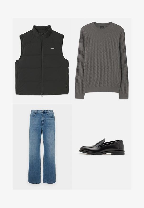 Zwarte puffer vest met hoge kraag, ritssluiting en zonder mouwen. Lichtgewicht stof met zichtbare stitching en een klein logo op de borst.; Armani Exchange Trui - dark gull zig zag; Brede blauwe jeans van denim met een verouderde afwerking. Heeft vijf zakken, een sluiting met vooraan knoop en een rechte snit.; Zwarte leren instappers met een gladde textuur, ronde neus en een decoratieve band over de wreef. Lage, gestapelde hak en minimalistisch ontwerp.