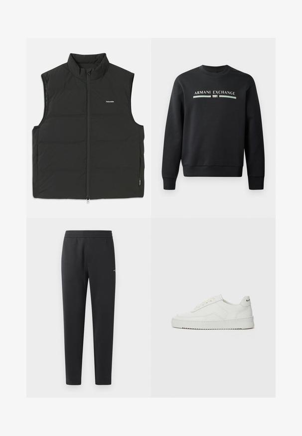 Vest puf negru cu guler înalt, închidere cu fermoar și fără mâneci. Material ușor cu cusături vizibile și un logo mic pe piept.; Hanorac negru dintr-un material moale. Prezintă un guler rotund și mâneci lungi. Partea din față afișează "ARMANI EXCHANGE" și "1991" în culori contrastante.; Pantaloni de jogger negri, confecționați dintr-un material moale, cu un brâu elastic, picioare drepte și un detaliu mic cu logo pe lateral.; Sneakers din piele albă cu un finisaj neted, vârf rotund, șireturi plate și o talpă texturată. Prezintă un logo subtil pe călcâi.