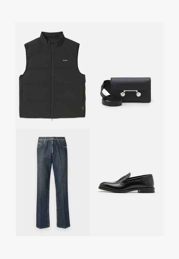 Svart pufferväst med hög krage, dragkedjestängning och utan ärmar. Lättviktigt tyg med synlig sömnad och en liten logotyp på bröstet.; Krämfärgad stickad tröja med polo-krage, ribbade ärmslut och nederkant, med en framplacket och mjuk textur.; Mörkblå kortärmad T-shirt med vit text "neanche per sogno" centrerad på bröstet, rund hals, medium storlek.; Mörkblå raka denimjeans med framknapp, blixtlås, dubbla framfickor och synliga vertikala veck längs benen.; Svarta läderloafers med en slät yta, rund tå och ett dekorativt band över främre delen. Låg staplad klack, minimalistisk design.; Svart läder crossbody-väska med klaffstängning, silverfärgade detaljer och två runda accenter. Utrustad med en avtagbar rem. Slät textur.