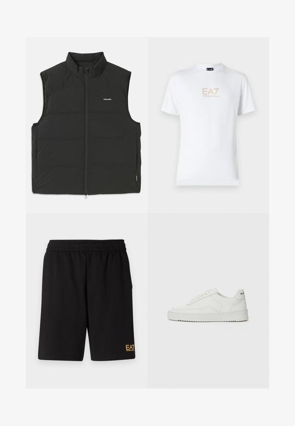 Black puffer vest with a high collar, zip closure, and no sleeves. Lightweight fabric with visible stitching and a small logo on the chest.; White cotton t-shirt featuring a round neckline and short sleeves, with a gold EA7 Emporio Armani logo printed on the front.; Black athletic shorts made of soft fabric,Featuring an elastic waistband and a small yellow EA7 logo on the lower left leg.; White leather sneaker with a smooth finish, round toe, flat laces, and a textured sole. Features a subtle logo on the heel.