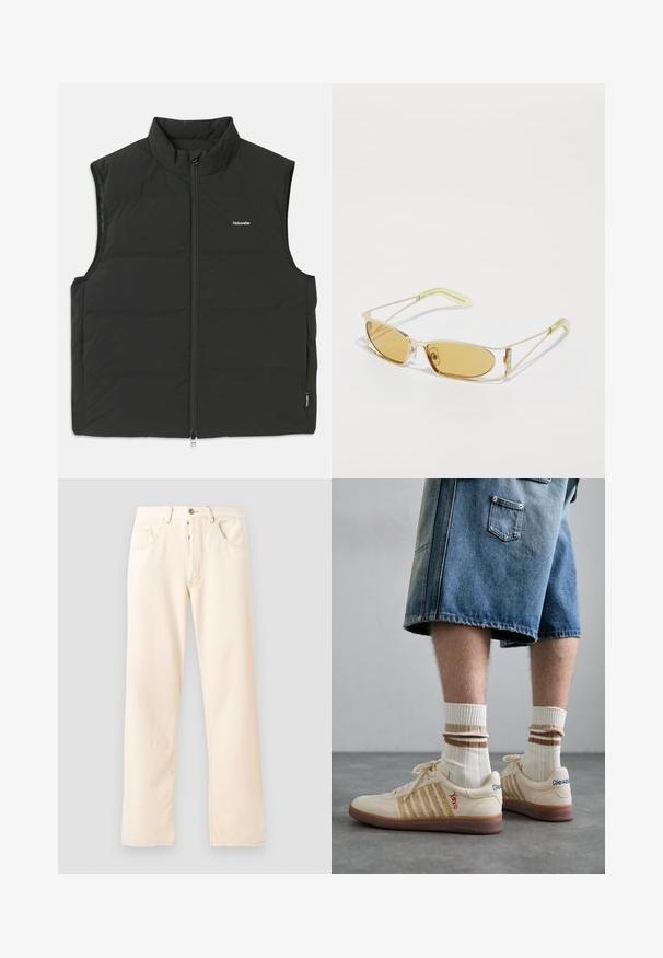 Gilet puffy nero con colletto alto, chiusura a zip e senza maniche. Tessuto leggero con cuciture visibili e un piccolo logo sul petto.; T-shirt grigio in cotone con un piccolo ricamo di testa di volpe arancione sopra il lato sinistro del petto. Collo a giro, maniche corte e vestibilità classica.; Jeans in denim beige chiaro con un design a gamba dritta, cinque tasche e chiusura anteriore con bottone. Cuciture visibili lungo le cuciture.; Sneaker retro beige con suola in gomma marrone, dotate di dettagli a righe e loghi ricamati. Indossate con calze bianche e dettagli marroni a righe.; Occhiali da sole con tintura gialla, montatura traslucida dorata, forma rettangolare slanciata e aste angolari con dettagli verde chiaro.