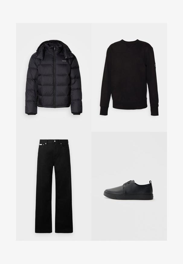 Černá puffová bunda se zipovým zapínáním, krátká délka, prošívaný design a vysoký límec. Obsahuje logo na levé straně hrudi a elastické manžety.; Černá mikina s kulatým výstřihem vyrobená z bavlny. Má žebrované manžety a lem, s malou nášivkou loga na levém rukávu. Hladký, rovný povrch.; Černé denimové kalhoty s širokým střihem, s pěti kapsami a kovovými knoflíky. Hladký povrch, bez viditelných vzorů.; Černé kožené tenisky s hladkým povrchem, zaoblenou špičkou, tónovým prošíváním, šněrovacím uzávěrem a plochou gumovou podrážkou. Očko na patě.