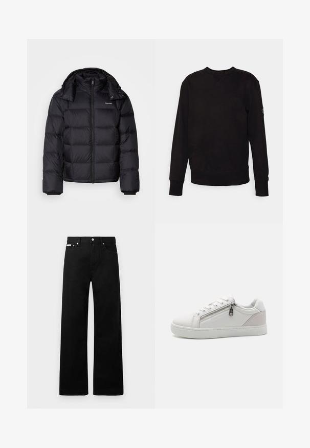 Black puffer jacket with a zip front, short length, quilted design, and a high collar. Features a logo on the left chest and elastic cuffs.; Black crewneck sweatshirt made of cotton. Features ribbed cuffs and hem, with a small logo patch on the left sleeve. Flat, smooth surface.; Black denim pants with a wide-leg design, featuring five pockets and metallic button hardware. Smooth texture, no visible patterns.; White sneaker featuring smooth leather material, contrasting beige suede accent on the heel, and a zip closure detail on the side.