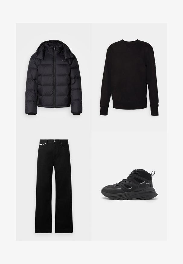 Crna puf jakna s patentnim zatvaračem sprijeda, kratka dužina, kvadratni dizajn i visoki ovratnik. Ima logotip na lijevoj strani grudi i elastične manžete.; Crni dukserica s okruglim izrezom, izrađena od pamuka. Ima rebraste rukave i donji rub, s malim logotipom na lijevom rukavu. Ravan, glatki površina.; Crne traperice širokog kroja, s pet džepova i metalnim dugmadi. Glatka tekstura, bez vidljivih uzoraka.; Crne planinarske cipele s višeslojnim dizajnom, teksturiranom tkaninom i gumenenim potplatom, s ojačanim dijelovima i vezicama sprijeda.