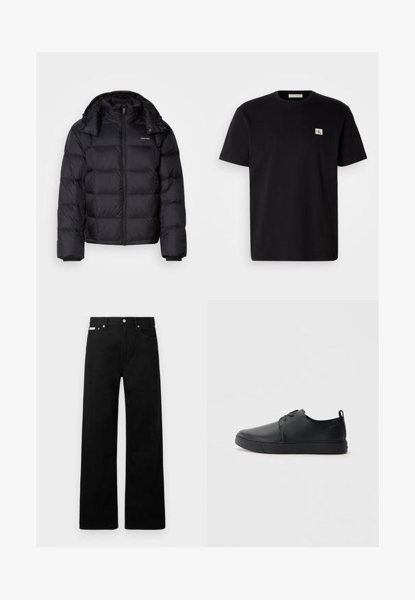 Czarna kurtka puchowa z zamkiem z przodu, krótkiej długości, pikowany wzór i wysoki kołnierz. Posiada logo na lewej piersi oraz elastyczne mankiety.; Czarny bawełniany t-shirt z krótkim rękawem, okrągłym dekoltem i małym haftowanym logo po lewej stronie klatki piersiowej. Gładka tekstura, regularny krój.; Czarne dżinsowe spodnie o szerokim kroju, z pięcioma kieszeniami i metalowymi guzikami. Gładka tekstura, bez widocznych wzorów.; Czarne skórzane sneakersy o gładkim wykończeniu, zaokrąglonym nosku, tonalnym przeszyciu, sznurowanym przodzie oraz płaskiej gumowej podeszwie. Pętla na pięcie.