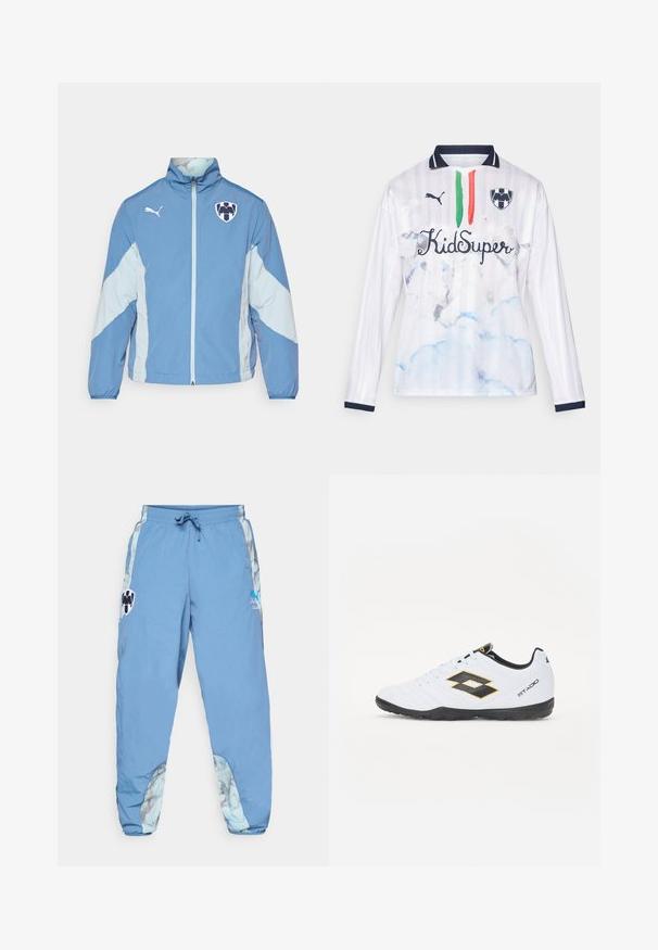 Világos kék dzseki sötétebb kék díszítésekkel, cipzáras záródás, ruganyos mandzsetták és logó a mellrészen. Könnyű, texturált anyagból készült.; Fehér, hosszú ujjú póló csíkos mintával, kék felhőmintákkal, zöld és piros csíkokkal, valamint "KidSuper" felirattal. Tengerészkék részletekkel a galléron.; Világoskék sportnadrág rugalmas derékkal, oldalsó zsebekkel és absztrakt mintázatú díszítéssel az alsó oldalakon. Jellemzők logó részletek.; Fehér sportcipő fekete és sárga kiegészítőkkel, textúrázott felsőrésszel, kerek orral és fekete gumitalppal. A dizájn tartalmaz egy logó részletet az oldalon.