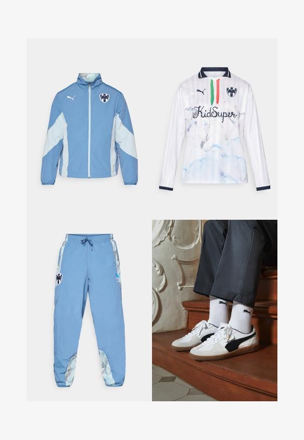 Svijetloplavi jakna s tamnijim plavim akcentima, zatvaranje na zip, elastične manšete i logo na prsima. Izrađena od lagane, teksturirane tkanine.; Bijela dukserica s dugim rukavima i prugastim uzorkom, s plavim oblačnim motivima, te zelenim i crvenim prugama, uz natpis "KidSuper". Mornarsko plave akcentne boje na ovratniku.; Svijetloplave trenirke s elastičnim pojasom, bočnim džepovima i apstraktnim uzorcima na donjim bočnim dijelovima. Sadrži detalje s logotipom.; Puma tenisice u bijelom i crnom nubuku, s smešnim gumastim potplatom. Uparene su s bijelim čarapama s crnim logom, nosene uz tamne hlače.