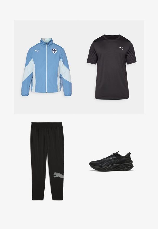Hellblaues Jackett mit dunklerblauen Akzenten, Reißverschluss, elastischen Bündchen und Logo auf der Brust. Hergestellt aus leichtem, strukturiertem Stoff.; Schwarzes sportliches T-Shirt aus feuchtigkeitsableitendem Stoff, Rundhalsausschnitt, kurze Ärmel, mit einem kleinen weißen Logo auf der linken Brust.; Schwarze Sporthose aus leichtem Material. Verfügt über einen elastischen Bund, Seitentaschen und ein reflektierendes Design eines Pumas am unteren Bein.; Schwarzer Sportschuh mit einer strukturierten Oberseite, gewölbter Sohle und verstärktem Fersenbereich. Verfügt über Schnürsenkel und ein dezentes seitliches Designelement.