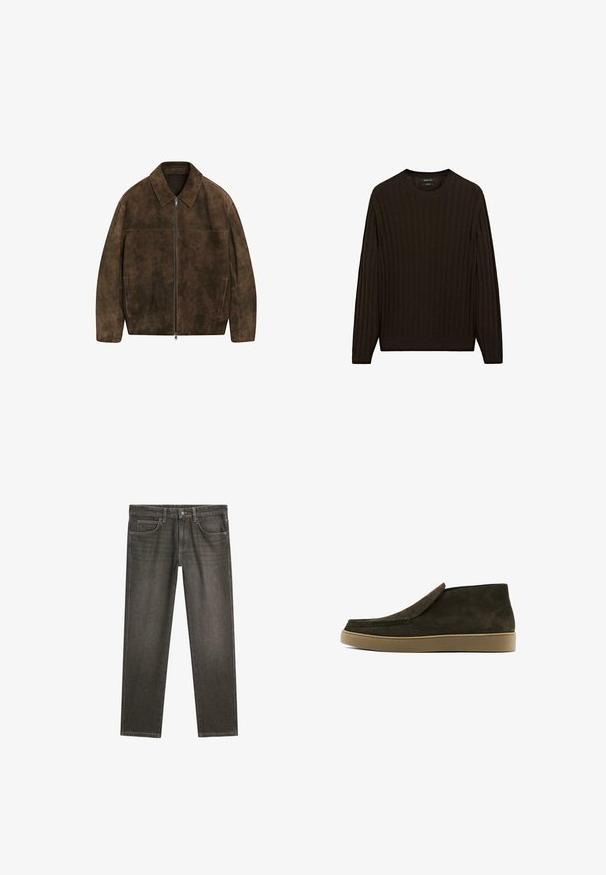 Braune Wildlederjacke mit kragenförmigem Ausschnitt, vornem Reißverschluss, zwei seitlichen Taschen und sichtbaren Nähakzenten. Glatte, strukturierte Oberfläche.; Brauner gerippter Pullover mit langen Ärmeln und rundem Ausschnitt. Verfügt über einen strukturierten Stoff und eine figurbetonte Passform an der Taille und den Bündchen.; Dunkelgraue Jeans aus Denim mit geradem Schnitt, ausgestattet mit fünf Taschen, Knopfverschluss und dezenten Steppnähten.; Braune Wildlederschlupfschuhe mit glatter Oberfläche, runder Zehenpartie und einer hellbraunen Gummisohle. Der Schaft zeichnet sich durch ein einfaches, klares Design aus.