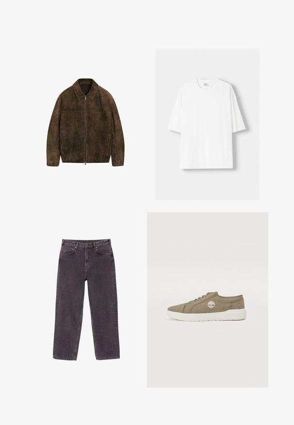Brun ruskindjakke med kravehals, frontlynlås, to sidelommer og synlige sømdetaljer. Glat, tekstureret overflade.; Hvid kortærmet T-shirt lavet af bomuld, med rund halsudskæring og en afslappet pasform. Glat tekstur, uden synlige mønstre eller detaljer.; Grå denim jeans med en lige pasform, fem lommer og messingknaplukninger. Har en mellem vask med subtile falminger og syninger.; Canvas sneaker i olivengrøn med hvide detaljer, snørelukning, rund tå og et logo med et træ på siden. Flad gummisål.