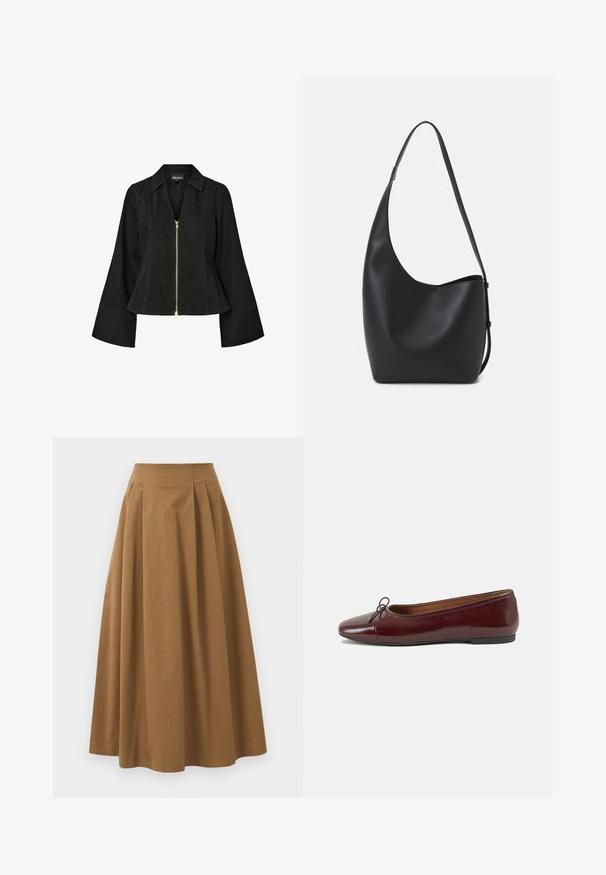 Črna denim jakna s ovratnikom, zadrgo spredaj in razširjenimi rokavi. Ima zlat zadrgo in strukturirane šive.; Bela srajca z gumbki, narejena iz gladkega bombaža, s klasičnim ovratnikom, dolgimi rokavi in ukrivljenim robom. Gumbi so majhni in beli.; Rjava bombažna A-linijska krila z visokim pasom, ki vključuje naborke spredaj in gladko teksturo. Robovi so čisti in preprosti.; Burgundska patenti usnjeni baletni čevlji z zaobljenim prstom, majhnim lokom na sprednji strani in nizkim črnim gumijastim podplatom. Gladka tekstura.; Črna usnjena hobo torba z gladko teksturo, ukrivljeno obliko in eno nastavljivo naramnico; ima širok odprtina na vrhu.