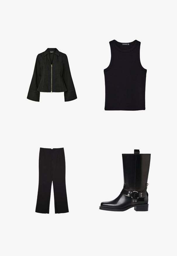 Svart denimjacka med krage, dragkedjestängning fram och utsvängda ärmar. Har gulddragkedjedetaljer och strukturerade sömmar.; Svart linne i bomull, med rund halsringning och breda armhål. Slät yta med sydda fållar. Klassisk, minimalistisk design.; Svarta byxor med rak passform, utrustade med framfickor och sidoklyvningar vid fållen. Tillverkade av mjukt, slätt tyg. Lämpliga för olika tillfällen.; Svart läderknähöga stövlar med spetsig tå, silverfärgade spännen och klumpig klack. Har en dragflik för enkel påtagning.