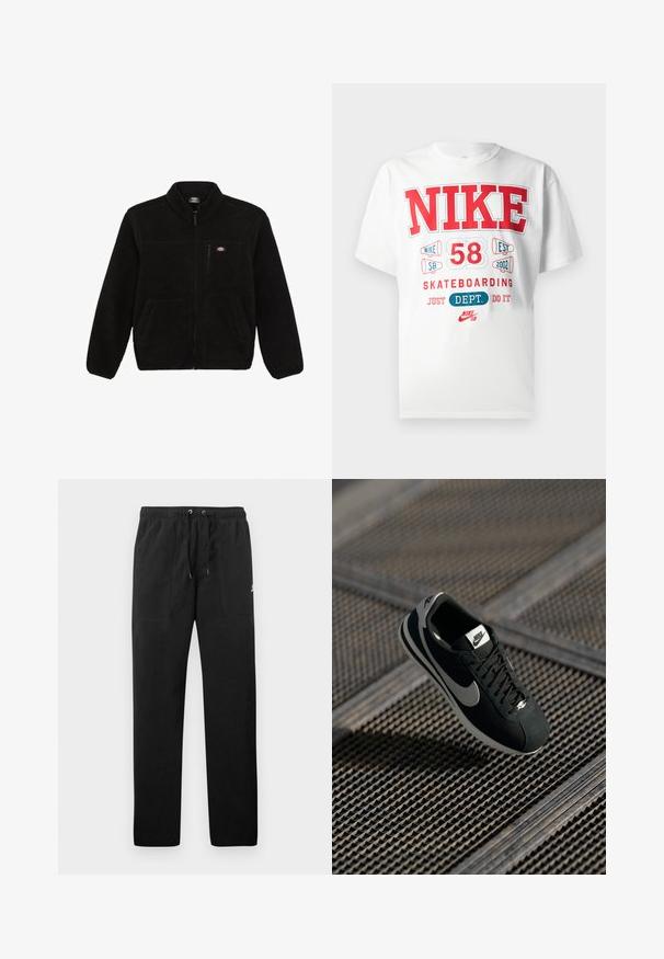 Crna polarna jakna sa zatvaračem sprijeda, visokim ovratnikom i dva prednja džepa. Ima mali logo na gornjem lijevom dijelu prsnog koša.; Bijela pamučna majica s odvažnim crvenim i plavim grafičkim tekstom: "NIKE 58 EST 2002 SKATEBOARDING JUST DEPT. DO IT" i detaljima logotipa.; Crne trenirke od flisa, s elastičnim pojasom i vezicama, dva prednja džepa i mali logo na butini.; Crna Nike tenisica s sivim akcentima, materijali od suède i mrežice, teksturirana potplata, uski oblik i klasični vezivanje.