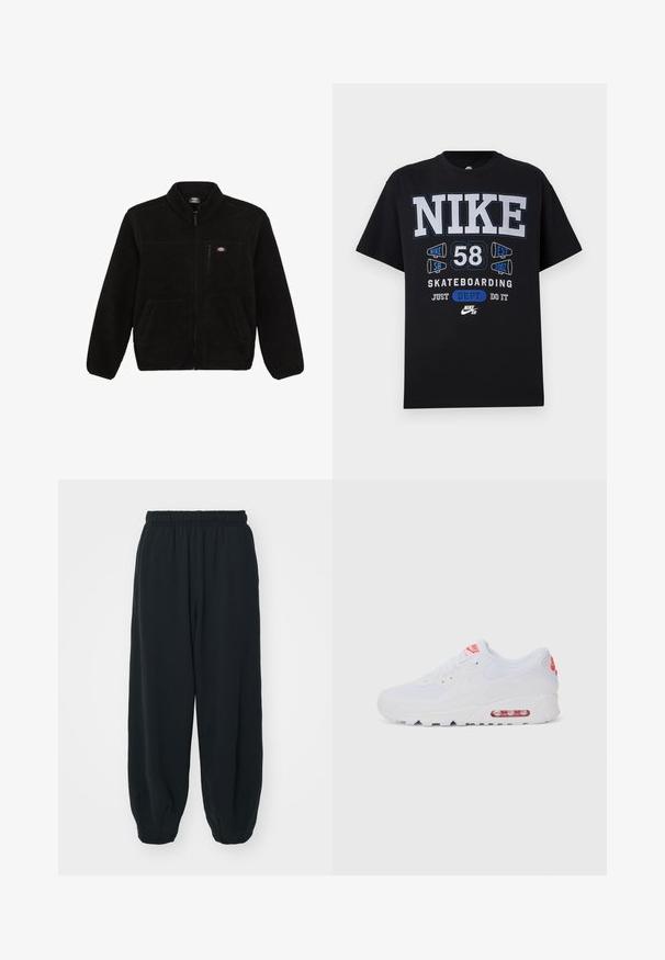 Svart fleecejacka med dragkedja framtill, hög krage och två framfickor. Har en liten logotyp på översta vänstra bröstet.; Svart bomull t-shirt med djärva vita och blå texter och grafik för "Nike 58 Skateboarding", med rund hals och korta ärmar.; Svarta, elastiska sweatpants med lös passform, mudd vid anklarna, slät textur och utan synliga mönster eller detaljer i metall.; Vit atletisk sneaker med en slät överdel, snörning, vadderad sula och en synlig luftenhet med röda detaljer på varumärket.