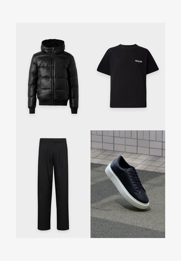 Zwarte pufferjack met een glanzende, gewatteerde buitenkant, een gevoerde capuchon en ribgebreide manchetten en zoom. Voorzien van een frontale ritssluiting.; Zwarte katoenen t-shirt met een ronde hals, korte mouwen en kleine witte logo-tekst op de linkerkant van de borst. Eenvoudig ontwerp, klassieke pasvorm.; Zwarte broeken van gladde stof, met een recht model, twee voorknikken en een standaard tailleband met riemlussen.; Zwarte leren sneaker met een ronde neus en een witte rubberen zool. Voorzien van platte veters en minimale stiksels op het bovenwerk. Textuurrijke zool voor grip.