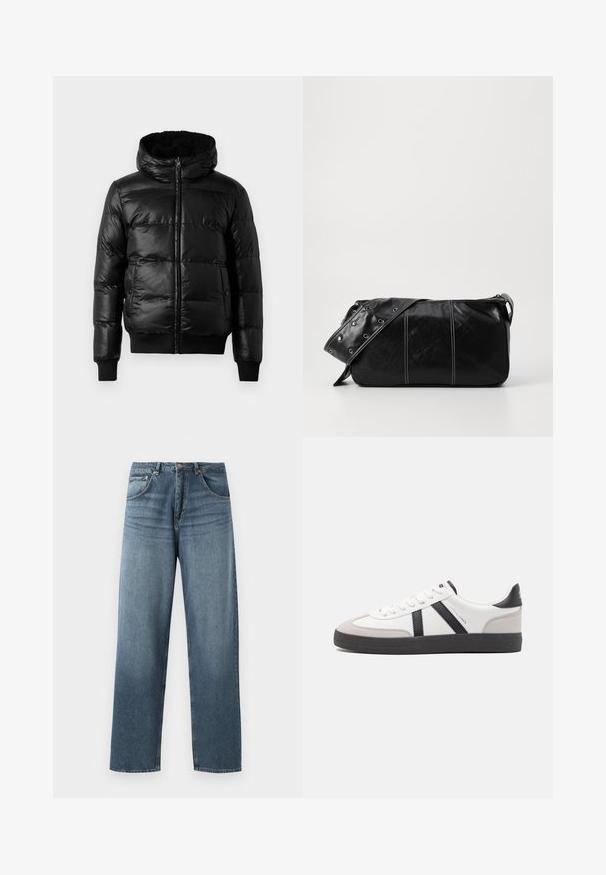 Melns pūkains jaka ar spīguļojošu, quilted ārpusi, odere kapuci un ribotām piedurknēm un apakšmalu. Iekļauj priekšējo rāvējslēdzēja aizdari.; Balts kokvilnas T-krekls īsām piedurknēm ar V-veida kakla izgriezumu, ar brīvu piegriezumu un gludu, mīkstu tekstūru. Nav nekādu rakstu vai akcentu.; Taisni kāju zili džinsi ar izbalējušu apdari, piecdesmit kabatu dizains, metalizēta pogu un jostas cilpas. Strukturēta, vidēji smaga auduma.; Baltas sneakeris ar melniem un pelēkiem akcentiem, kuram ir teksturēts pelēks purngals, melna gumijas zole un plakanas baltas šņores. Tīrs dizains, minimālisma stils.; Melnas ādas plecu soma ar rāvējslēdzēja aizdari, ar teksturētu virsmu, baltu dūrienu un siksnu ar sudraba iekavām.