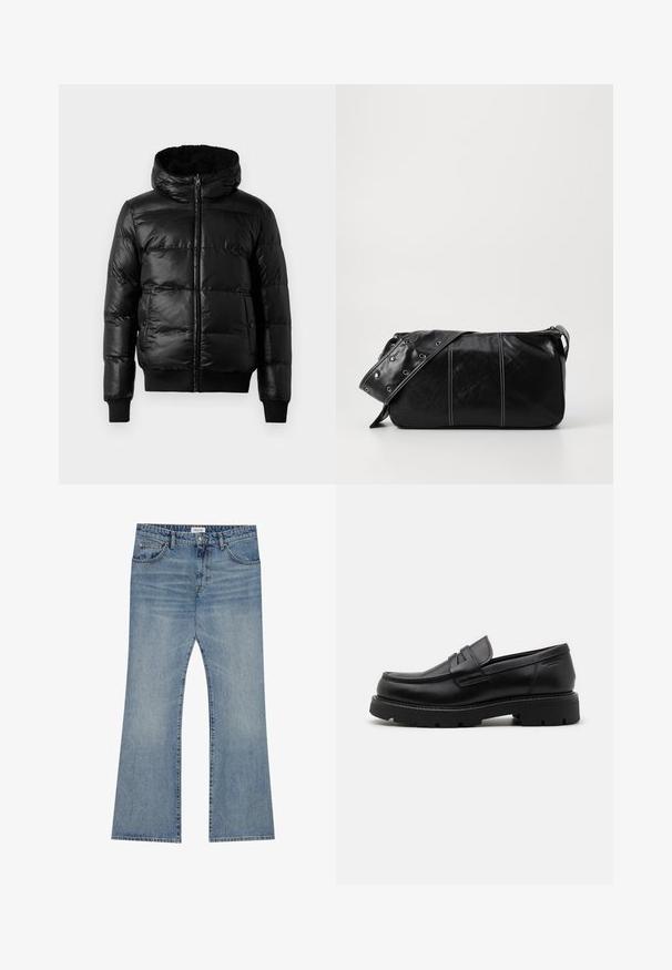 Fekete puffertakaró kabát fényes, steppelt külső résszel, bélelt kapucnival és bordázott mandzsettával, valamint alsó résszel. Elülső cipzáros záródással rendelkezik.; Fehér pamut, rövid ujjú póló V-kivágással, laza szabással és sima, puha textúrával. Minták vagy díszítések nincsenek rajta.; Világoskék farmernadrág, bővülő lábbal, klasszikus öt zsebbel és gombos derékzárral.; Fekete bőr loafer cipők lekerekített orral, texturált díszítéssel az elején, és vastag gumitalppal, amely barázdákkal van ellátva a tapadás érdekében.; Fekete bőr válltáska, cipzárral zárva, texturált felülettel, fehér varrással és ezüst fémgyűrűs pánttal.