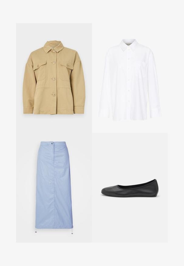 Beige cotton jacket with a collar, front button closure, and two chest pockets. Features a relaxed fit and smooth texture.; White long-sleeve collared shirt made of cotton. Features a button-down front and a single chest pocket. Smooth texture, relaxed fit.; Light blue, mid-length skirt made of smooth, lightweight material with a straight cut, features a front button closure and drawstring hem.; Black leather ballet flat with a rounded toe, smooth texture, minimal stitching detail, and a flexible sole design.