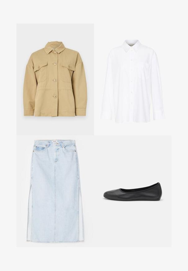 Bežīgs kokvilnas jaka ar apkakli, priekšējo pogu aizdari un divām krūšu kabatām. Iezīmē brīvu piegriezumu un gludu tekstūru.; Baltais garo piedurkņu krekls ar apkakli, izgatavots no kokvilnas. Aprīkots ar pogu aizdari priekšā un vienu krūšu kabatu. Gluda tekstūra, brīvs piegriezums.; Gaiši zilā denima maksi svārki ar taisnu griezumu, ar sānu šķēlēm un piecu kabatu dizainu. Izteikta izšūšana un metāla pogas aizdare.; Melna ādas baleta kurpe ar noapaļotu purngalu, gludu tekstūru, minimālu šuvju detalizāciju un elastīgu zoles dizainu.