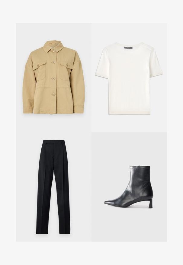 Bežīgs kokvilnas jaka ar apkakli, priekšējo pogu aizdari un divām krūšu kabatām. Iezīmē brīvu piegriezumu un gludu tekstūru.; Balta īsām piedurknēm adīta blūze ar apaļu kakla izgriezumu, kurai ir gluda tekstūra un smalki riboti akcenti pie piedurknēm un apakšmalas.; Melnas bikses, izgatavotas no gludas auduma, ar augstu vidukli, platiem bikšu galdniekiem, priekšējiem krokām un klasiskām jostu cilpām. Sānu kabatas nav redzamas.; Melnas ādas potītes zābaki ar norādītu pirkstu un elegantu dizainu. Iezīmē zemu papēdi un rāvējslēdzēja aizdari aizmugurē. Gluda tekstūra.