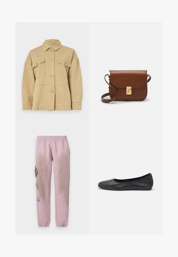 Beige cotton jacket with a collar, front button closure, and two chest pockets. Features a relaxed fit and smooth texture.; White short-sleeve t-shirt made of ribbed fabric. Round neckline, regular fit, and subtle stitching details. No patterns or graphics.; Pink sweatpants with an elastic waistband, featuring decorative patches in diamond shapes on the left side and elastic cuffs at the ankles.; Black leather ballet flat with a rounded toe, smooth texture, minimal stitching detail, and a flexible sole design.; Brown leather handbag with a flap closure, gold-tone hardware, a shoulder strap, and a smooth texture. Compact rectangular shape.