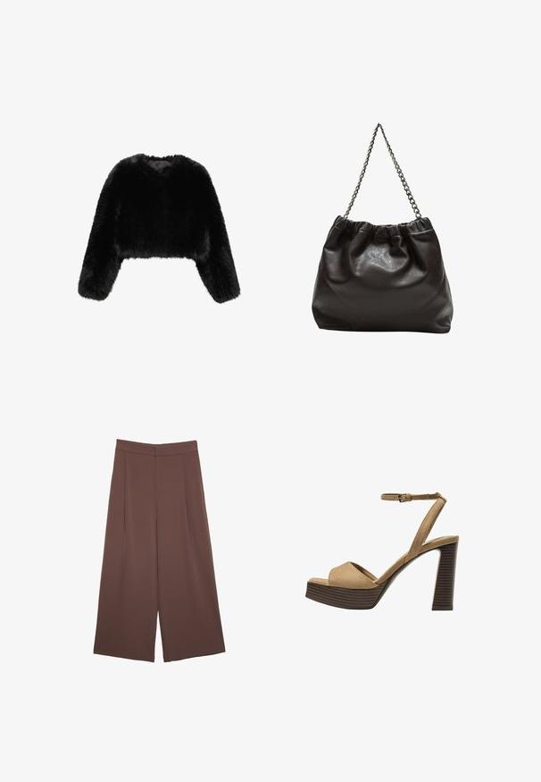 Mango Winterjacke - black; Braunes, kurzärmliges T-Shirt aus weichem Material mit rundem Halsausschnitt und lockerer Passform. Keine sichtbaren Muster oder Akzente.; Braune Weite-Leg-Hosen mit einer glatten Textur, hoher Taille und Vorderfalten. Der Stoff ist leicht und fällt locker.; Beige Wildleder-Pumps mit hohem Absatz, breitem Vorderband und Knöchelriemen, ausgestattet mit einem klobigen Holzblockabsatz mit strukturiertem Finish.; Braune Lederhandtasche mit gerafftem Oberteil und Kettenriemen. Glatte Textur mit glänzendem Finish und subtilen Nahtdetails an den Seiten.