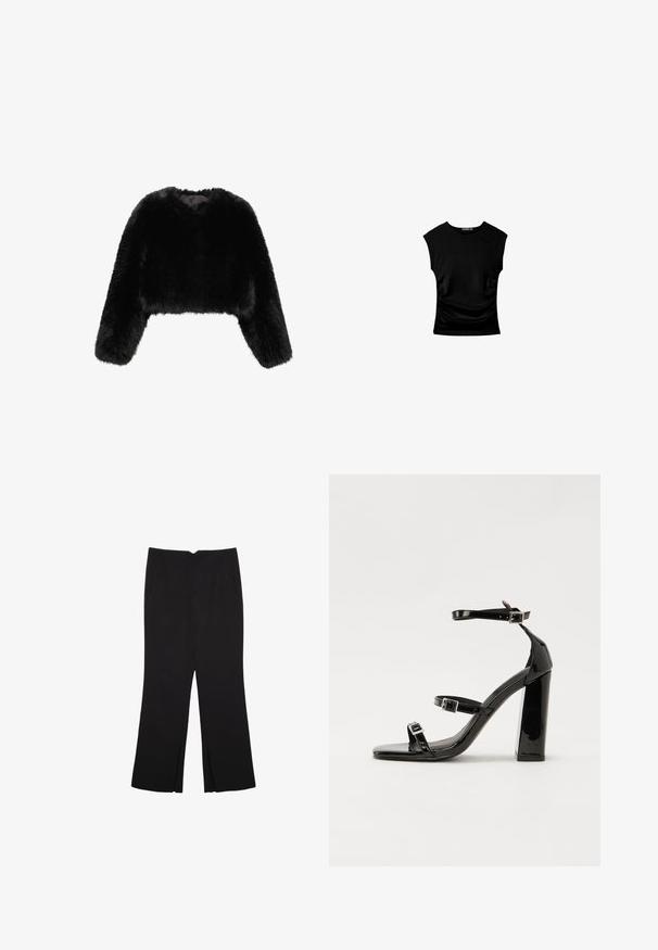 Mango Winterjacke - black; Schwarzes kurzärmliges Oberteil mit tailliertem Schnitt, das seitliche Raffung und einen glatten, dehnbaren Stoff für zusätzlichen Komfort aufweist.; Schwarze Hose mit geradem Schnitt, ausgestattet mit Fronttaschen und Seitenschlitzen am Saum. Hergestellt aus weichem, glattem Stoff. Geeignet für verschiedene Anlässe.; Schwarze patentierte Sandalen mit Absatz, quadratischer Spitze, Knöchelriemen und silbernen Schnallen. Mit einem stabilen Blockabsatz für mehr Stabilität.