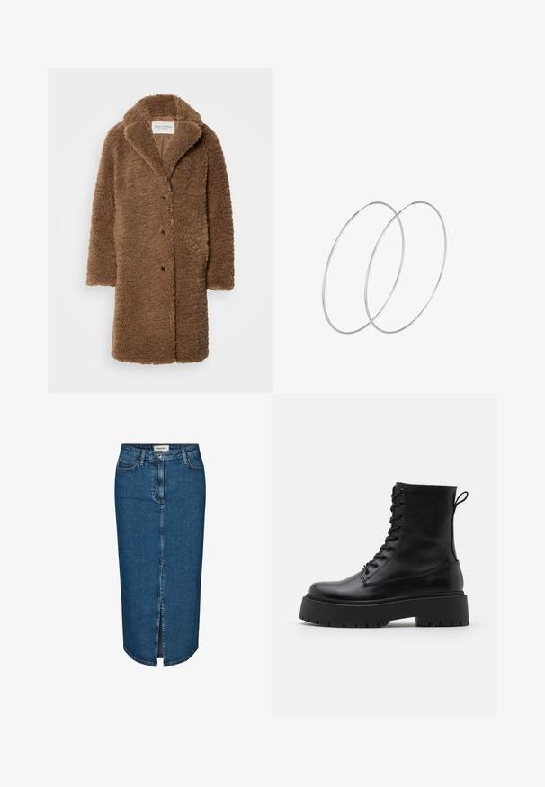 Brown faux fur coat with a plush, textured surface, notched collar, and black buttons, featuring a loose, knee-length design.; White short-sleeve top featuring a relaxed fit, lightweight texture, and rounded neckline. Back view shows smooth, simple design.; Denim pencil skirt in dark blue, featuring a front slit, five pockets, and contrasting stitching. Mid-rise waist with a classic design.; Black leather ankle boots with a round toe, lace-up front, and a thick rubber sole featuring a textured tread. Pull tab at the back.; Silver hoop earrings with a minimalist design. Circular shape, smooth texture, and thin profile. Lightweight with a polished finish.