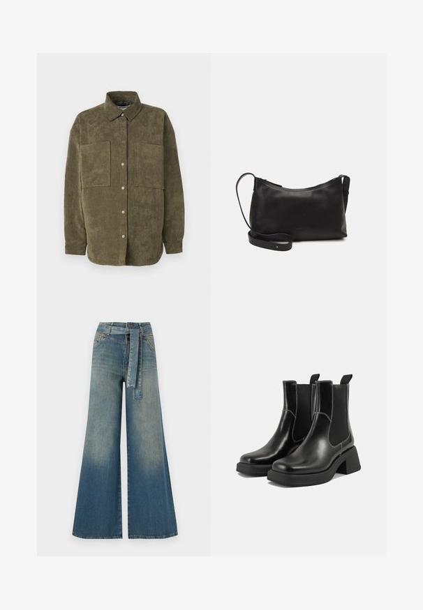 Alyvuogių žalios spalvos kordūrojo marškinėlių striukė su sagų užsegimu, dviem didelėm krūtinės kišenėm ir klasikiniu apykakle. Tekstūruota raibuliuota medžiaga.; Tamsiai mėlynas trumpas mezginys su raukšlėta tekstūra, trumpomis plačiomis rankovėmis ir apvaliu kaklu. Paprastas dizainas, be matomų raštų ar akcentų.; Platus džinsinis kelnes su šviesiai tamsiai mėlynu gradientu, aukštu juosmeniu, diržo kilpomis ir atitinkančiu audinio diržu. Textūruotas džinsinis paviršius.; Juodos odinės Chelsea botai su storiu kulnu, elastinėmis šoninėmis panelėmis ir kontrastinga balta siūle. Tekstūruota apdaila.; Juodas odinis petinis krepšys su lygiu paviršiumi, išlenkta forma, reguliuojama dirželiu ir užtrauktuku. Minimalistinis dizainas be puošmenų.