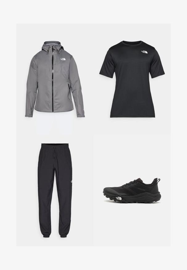 Pilkas vandeniui atsparus paltas su kapišonu, priekiniais užtrauktukais, logotipu kairiajame krūtinės viršuje ir elastinėmis rankovėmis. Lygus, lengvas audinys.; Juoda trumpų rankovių marškinėliai, pagaminti iš lengvos, drėgmę praleidžiančios medžiagos. Viršuje kairėje krūtinės pusėje yra balta logotipo etiketė, o apykaklė yra klasikinio stiliaus.; Juodos sportinės kelnės, pagamintos iš lengvos medžiagos, su raišteliu liemens srityje, šoniniais kišenėmis ir siaurėjantys apykaklės prie kulkšnies.; Juoda bėgimo batai su tekstūruotu paviršiumi, guma padais ir sustiprinta pirštų dalimi. Yra paminkštinta apykaklė ir kilpos, leidžiančios lengvai užsidėti.