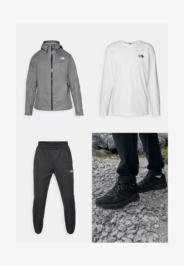 Szara wodoodporna kurtka z kapturem, zamkiem z przodu, logo na górnej lewej piersi oraz elastycznymi mankietami. Gładki, lekki materiał.; Biała koszulka z długim rękawem wykonana z bawełny, z okrągłym dekoltem. Posiada małe czarne logo na piersi. Gładka faktura, regularny krój.; Czarne dresy z elastycznym paskiem w talii, zwężanym krojem, elastycznymi mankietami i małym białym logo na lewej udzie, wykonane z gładkiego materiału.; Czarne buty outdoorowe wykonane z siateczki i materiału syntetycznego, z fakturowaną cholewką, zabezpieczonym systemem sznurowania i solidną podeszwą, na skalistym terenie.