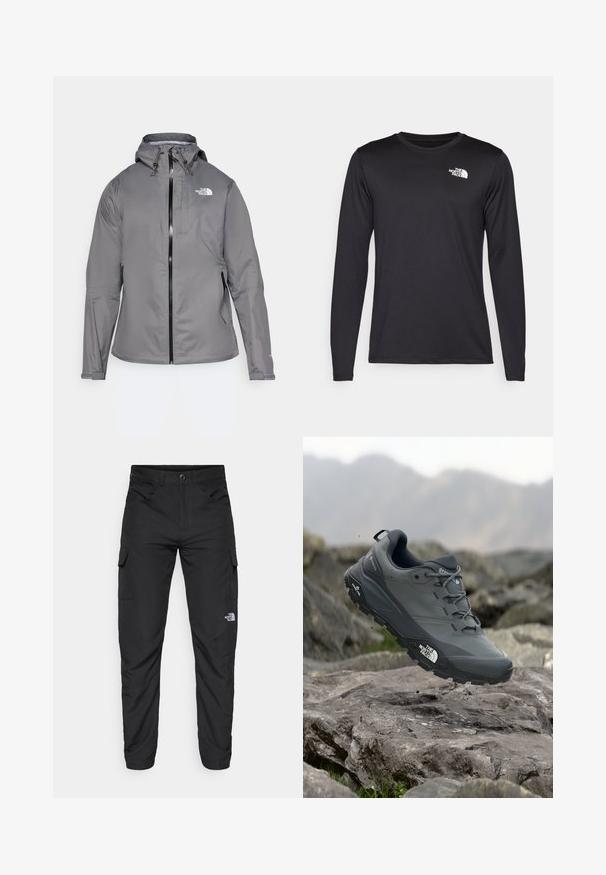 Pelēks ūdensizturīgs jaka ar kapuci, priekšējo rāvējslēdzēju, logotipu augšējā kreisajā krūtī un elastīgām piedurknēm. Gluda, viegla auduma.; Garās piedurknes melna sporta t-kreklu, izgatavots no viegla auduma, ar baltu logo augšējā kreisajā krūtī. Gluda tekstūra.; The North Face HORIZON PANT - Āra bikses - black; Pelēki skrējēju apavi ar teksturētu virsu, izturīgu gumijas zoli un pastiprinātu pirkstu daļu. Iekļauj šņores un zīmola logo sānos.