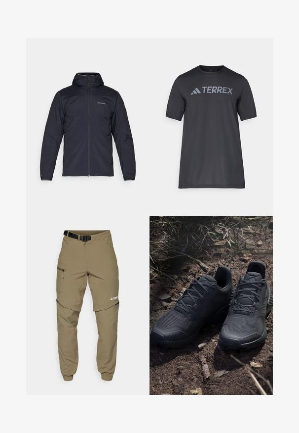 Svart lett jakke med hette, hel frontglidelås og elastiske mansjetter. Har et diskret logo på brystet og myk, teksturert stoff.; Svart t-skjorte med kort erm laget av lett stoff, med en lys grå "TERREX" logo på tvers av brystet og rund hals.; Beige utendørsbukser med belte, glidelåslommer på siden og elastiske mansjetter. Har et glidelåsfrakoblingsdesign for allsidighet og en glatt tekstur.; Svarte atletiske sko med en strukturert strikket overdel, forsterket tå og polstret såle, utstilt på jordaktig grunn med spredte kvister.