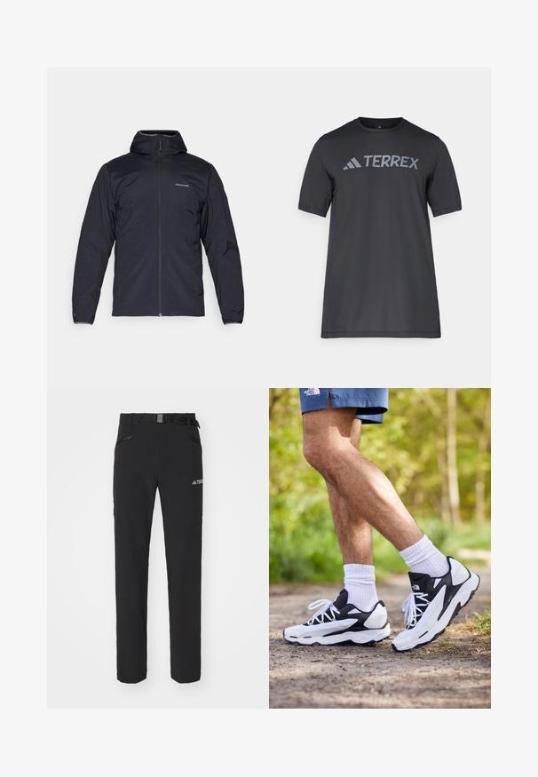 Černá lehká bunda s kapucí, plným předním zipem a elastickými manžetami. Obsahuje decentní logo na hrudi a hladký, texturovaný materiál.; Černé tričko s krátkým rukávem vyrobené z lehkého materiálu, s světle šedým logem "TERREX" přes hruď a kulatým výstřihem.; Černé venkovní kalhoty s hladkým materiálem, bočními zipovými kapsami, zesílenými částmi kolen a nastavitelným pasem se sponou.; Černobílé sportovní boty s síťovaným svrškem, texturovanými akcenty a bílými tkaničkami. Nosené s bílými kotníkovými ponožkami a námořnickými šortkami na stezce.