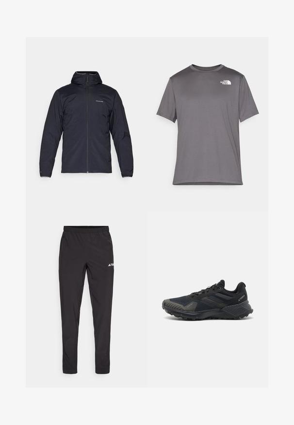 Black lightweight jacket with a hood, full front zipper, and elastic cuffs. Features a subtle logo on the chest and smooth, textured fabric.; Gray short-sleeve athletic t-shirt made of smooth, lightweight fabric. Features a white logo on the left chest area. Round neck design.; Black athletic pants with an elastic waistband, two side zip pockets, and a logo on the upper right leg. Smooth, lightweight fabric.; Black athletic shoes with a textured mesh upper, rubber sole, and notable grey accents on the toe and side panels. Reinforced heel design.