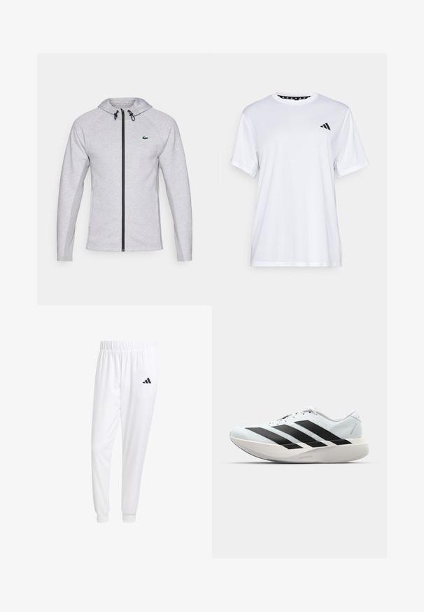 Šedá mikina s kapucí a zipem, vybavená černým zipem a šňůrkou. Texturované boční panely a zelené logo na hrudi dotvářejí design.; Bílý sportovní tričko s krátkými rukávy, vyrobené z materiálu odvádějícího vlhkost. Na levé straně hrudi se nachází černé logo a vnitřní límec je vzorovaný.; Bílé sportovní kalhoty vyrobené z hladkého materiálu, s elastickým pasem a přiléhavými manžetami, s černým logem na zadní kapse.; Lehké běžecké boty v světle modré barvě s černými pruhy. Mají hladký svršek, kulatou špičku a silnou bílou mezipodešev označenou "LIGHTSTRIKE PRO."