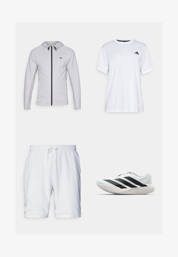 Hallide seljaga hall kapuuts, millel on must tõmbluku ja stringiga varustus. Tekstureeritud külgpaneelid ja roheline logo rinnal viimistlevad disaini.; Valge sportlik T-särk lühikeste varrukatega, valmistatud niiskust eemaldavast kangast. Ees on must logo vasakul rinnal ja soe mustriline kaelaosa.; Valged sportlikud lühikesed püksid elastse vöökohaga ja reguleeritava paelaga. Sile kangas, millel on peen struktuur, ja küljetaskud.; Kerged jooksujalatsid helesinises värvuses mustade triipudega. Omavad siledat pealispinda, ümarat varvase osa ja paksu valget vahemõõtu, millel on silt "LIGHTSTRIKE PRO".